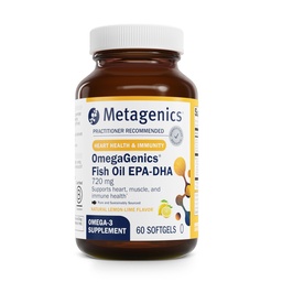 Metageenika OmegaGenics Fish Oil EPA-DHA 720 mg - kõrge potentsi Omega-3 täiendus * - toetab südame, liigeste, aju ja immuunsüsteemi tervist * - jätkusuutlikult hangitud, puhtuse testitud kalaõli - 60 Softgels