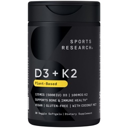 Spordiuuringud Vegan Vitamiin D3 + K2 täiendus orgaanilise kookosõliga - 5000iu D-vitamiin 100mcg Mk7 vitamiin K - toetab kaltsiumi tugevamate luude ja immuunsüsteemi tervise jaoks - 30 softgels täiskasvanutele
