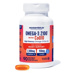 Oceanblue Omega 3 2100 CoQ10 | Triple Strength Fish Oil Combo Supplement | 1350MG EPA 650MG DHA 150MG DPA 150MG CoQ10 | Orange Flavor | Heart Support | 90 Softgels