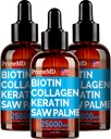 PrimeMD 4-in-1 Vedel Biotiin Kollageen Keratin Saw Palmetto tilgad (3 Pack) Komplekt - 25000mcg juukseküüned ja naha vitamiinid naistele ja meestele - 2 Fl Oz Iga, Arbuus Maitse, Gluteenivaba, Non-GMO