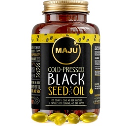 Maju Superfoods Black Seed Oil Kapslid , Strong Cold Pressed , 2% Tümokinone , 100% Türgi Black Cumin Nigella Sativa Seed Oil , Organic BSO , Vedel Blackseed , 120 Count , 500 mg kapsli kohta