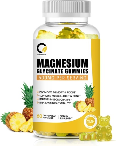 (1 Pack) Magneesiumglütsinaatkummid, suure imendumisega magneesiumilisand kaltsiumi ja vitamiinidega, tugiluu, lihased, öö, mälu ja meeleolu, vegan, mitte-GMO, 60 loendit, ananassimaitse