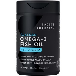 Sport Research Triple Tugevus Omega 3 Kalaõli 1250mg Wild Alaska Pollock - Burpless Fish Oil Supplement koos Omega-3 EPA & DHA - Jätkusuutlikult hangitud, mitte-GMO, Gluteenivaba - 30 Softgels