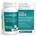NatureCity TrueK2D3 Taimne Vitamiin K2 MK7 (90 mikrogrammi) & D3 vetikatest (2500 RÜ) 2 in 1 Vitamiin D3 K2 Täiendus luude, südame ja immuunsüsteemi tervisele – 60 Veggie kapslit