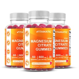 Vitamatic Magnesium Gummies 600mg per Serv – 60 Vegan Gummies – Lõõgastus, lihased, luu ja energia tugi – 3 Pack
