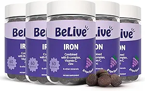 BeLive Raudkummid - Multivitamiini raualisandiga C-, A-, B- ja tsink, toetab vere hapnikku, Vegan toidulisandeid naistele, meestele ja lastele kasvuks ja arenguks - viinamarjamaitse | 5-pakk