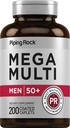 Piping Rock Multivitamiini Meestele Üle 50+ | 200 Caplets | Mega 50 Plus Daily Multimineral | Magneesium, Kaltsium, Tsink | Mitte-GMO, Gluteenivaba täiendus