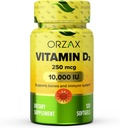ORZAX Vitamiin D3 10000 iu (250 mcg) - mitte-GMO, gluteenivaba, suhkruvaba, piimavaba - 120-päevane pakkumine tugevate lihaste funktsiooni ja immuunsuse toetamiseks - meeleolu täiendus heaolule (120 Softgel)