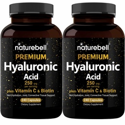 NatureBell 2 Pack Taimepõhised hüaluroonhappe lisandid 250mg koos 25mg C-vitamiini ja biotiiniga 5000mcg, 480 kogukapslid | olulised juuste kasvuks, liigeste toetamiseks ja naha niisutamiseks | Mitte-GMO