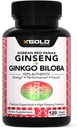 Autentne Korea punane panax ženšenn 1200mg + Ginkgo Biloba 160mg - kõrge žensenosiidide ekstra tugevus - energia, mälu, fookus ja aju tervis - Vegankapslid meestele ja naistele - 120 loend