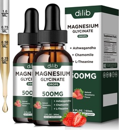 Magneesiumglütsinaat Vedelad tilgad Täiendus koos magneesiumglütsinaat 500mg Ashwagandha, L - Theanine, Kummel - Toetus Stress Relief, Luu, Lihased, Mood Maasika Maitse 2Pack