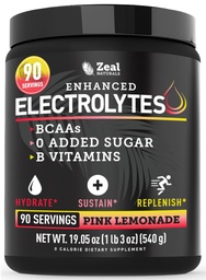 Zeal Naturals Electrolyte Powder Recovery Drink (90 Servings | Roosa Lemonade) w 0 Suhkur +BCAAs + B-vitamiinid Elektrolüütlisand w kaaliumtsink & magneesium hüdreerimiseks - Ketoelektrolüüdid