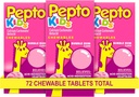 Pepto Kid närimistabletid kõrvetised, happe seedimine, hapu kõht ja upset kõht, Bubblegum Maitse, 72 Kokku (3 pakendit 24)