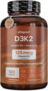 D3K2 | D3 K2 ühendab K-vitamiini ja D-vitamiini kaltsiumi ja bioperiiniga. D3 ja K2 toidulisandid Tervislikud luud, süda ja lihased | 180 kapslit