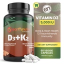 EarthNutri Vitamiin D3 K2 Supplement 5000 IU – Sisaldab K2 MENA Q7, D3 Vitashine, Kaltsium Aquamin ja 72 Trace Minerals – Immuunsüsteemi, Luude ja Südame Tervis – Non-GMO – 60 Veg Kapslid