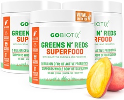 GOBIOTIX Super Greens and Reds Powder - Red and Green Superfood - Probiootiline täiendus - Seedeensüümid ja peedi juurepulber - Orgaaniline kogu toidu toidulisand (Mango, 3 Pack)