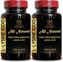 L-LYSINE 1000 mg vaba vorm Aminohape oluline - L-lüsiinvesinikkloriid, mis aitab teie keha kontrolli Happeline ja leeliseline tasakaal, kollageeni süntees, immuunsuse tugi - 2 pudelit 200 loeb