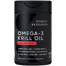 Sport Research Krill õli täiendus EPA & DHA Omega 3, fosfolipiidid ja astaksantiini Antarktika krill - kõrgeim kontsentratsioon Krill õli meestele ja naistele - 1000mg, 60 Softgel kapslid