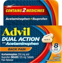 Advil Dual Action Back valu kapslid annab 250mg ibuprofeeni ja 500mg atsetaminofeeni annuse kohta 8 tundi seljavalu leevendamiseks - 18 loend