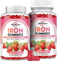 Raudkummid - koos kaltsiumi, tsingi, folaadi ja vitamiiniga B12, C, B6 täiskasvanutele ja lastele - vereehitaja ja energiatoetus rauapuuduse, aneemia, vegan - 2 Pack Maasikas Maitse, 60 Gummies