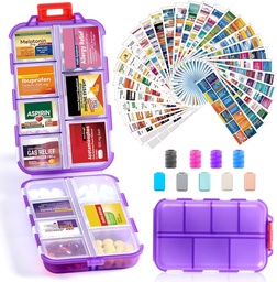 14 Grids Travel Pill Korraldaja Karp 415-Pcs Ravimi nime sildid, Tasku Daily Pharmacy Case konteiner, Travel Medic Holder Dispenser Kit Fish Oil Vitamin Supplement Storage - selge lilla