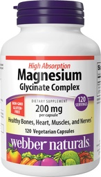 Webber Naturals Magneesium Glütsinaadi kompleks 200 mg, 120 taimekapslit, suure imendumisega valem, toetab luud, süda, lihased ja närvid, üks päev, vegan, uus märgistus!