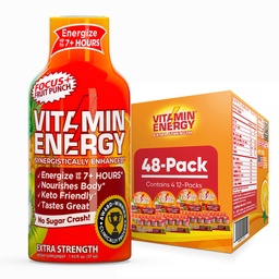 Vitamiinienergia fookus + ekstra tugevus Energia Shot Fruit Punch 48 Pack, 260mg looduslik kofeiin, B-vitamiinid, CoQ10, aminohapped, fookus, tootlikkus ja selgus, nullsuhkur, gluteenivaba, 1,93 fl oz
