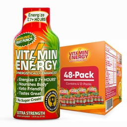 Vitamiinenergia Immuunsus + ekstra tugevus Energia Shot Fruit Punch 48 Pack, 260mg looduslik kofeiin, B-vitamiinid, tsitikoliin, roheline tee, immuunsuse ja fookuse toetus, null suhkur, gluteenivaba 1,93 fl oz