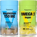 Vegan Omega-3 + Magnesium Gummies | Algae Omega-3 800mg DHA Supplements for Brain, Heart Eyes Health- 90 Count | 150mg Magnesium Citrate Gummies for Adults and Kids Calm Sleep, Relaxation