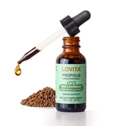 Lovita Bee Propolis Vedelik Ekstrakt 500mg, 5: 1 Vaigutilgad 18% Bioflavonoidid, Alkoholivaba Antioksüdant, Immune Support & Throat Soodustavad, Gluteenivaba, Mitte-GMO, 1 Fl Oz (30 ml), 30 päeva pakkumine