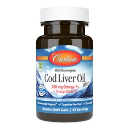 Carlson - Cod Maksaõli Minis, 280 mg Omega-3s + vitamiinid A & D3, Südametoetus ja kognitiivsed funktsioonid, Visioon Tervis, 100 Mini Softgels