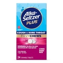 Alka-seltzer Plus Cough & Sore Throat Fizzy Chews, No Water Needed, On The Go Sore Throat Relief täiskasvanutele, Vaarika Maitse, 24 Count