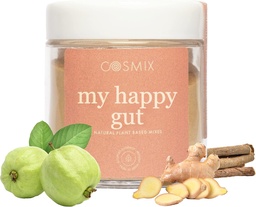 cosmix My Happy Gut, et parandada seedimist, puhumist ja üldist soolestiku tervist, looduslikku, taimepõhist supertoidusegu, teeb kuni 40 portsjonit, lisatud suhkrut, vegan 50 g (pakk 1) pruun