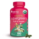 Zena Nutrition Organic Super Greens Puu- ja köögiviljade täiendus, 70+ puu- ja köögiviljade supertoidud, 3g Fiber, Spirulina, Chlorella, prebiootikumid ja probiootikumid, seedetrakti ensüümid, 180 kapslit