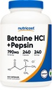 Nutricost Betaine HCl + Pepsiin 790mg, 240 kapslit - taimetoitlane ja GMO-vaba