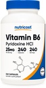 Nutrikost Vitamiin B6 (Püridoksiin HCl) 25mg, 240 kapslit - mitte-GMO, Gluteenivaba ja taimetoitlane Sõbralik