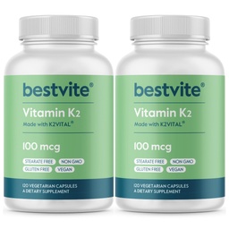 BESTVITE Vitamiin K2 100 mcg kujul MK-7 (240 taimekapslit) (120x2) - Steaate ei ole - vegan - mitte GMO - gluteenivaba