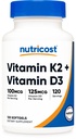 Nutrikost Vitamiin D3 + K2 (5000 IU D3 / 100 mg MK7), 120 Softgels - Gluteenivaba ja mitte-GMO