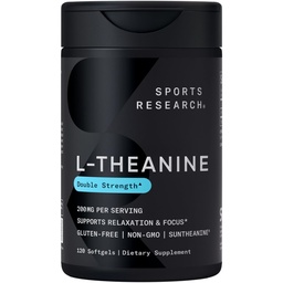 Sport Research Double Strength L-Theanine Supplement - Suntheanine Softgels Fookuses, Lõõgastav & Alertness - Non-Drowsy Support valmistatud kookosõli, Non-GMO & Gluten Free - 200mg, 120 Count