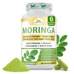 Orgaaniline Veda Moringa Leaf Pulber Kapslid, 1000mg, 360 Count - True Green Native Organic Moringa Oleifera, Premium Tugevus Toitaine Tihedad 100% Puhtad Lehed - Energia, Sleep & Immunity Support - Vegan