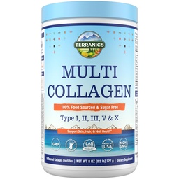 Terranics Multi kollageenpeptiidide pulber, tüüp I II III V X kollageen naistele ja meestele, kollageenilisandid nahale, küüntele, juustele, kergesti lahustatavad, maitsestamata, suhkruta, Keto, 8oz