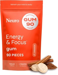 NeuroGum Energy & Focus Gum (kaneel, 90 tükki) | 40mg looduslik kofeiin + L-Theanine + Vitamiin B12 & B6 + ksülitool | Suhkruvaba Nootroopne Kognitiivne Aju Performance Supplement