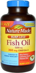 Nature Made Burp-Less Fish Oil 1200mg, 360mg Omega-3, Vedel Softgels 200 ea (pakk 2)