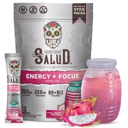 Salud 2-in-1 energiajoogi pulber + fookus, lohepuuvili, orgaaniline kofeiin, B6 + B12, Theanine, puhta energia joogipaketid, Pitaya Agua Fresca Mix, GMO-vaba, vegan, 1 g suhkrut, (15 serveerimist)