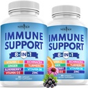 NEW AGE 8 in 1 Immune Support Booster Supplement koos Echinacea, vitamiin C ja tsink 50mg, vitamiin D 5000 IU, kurkumi ja ingver, B6, Elderberry 120 Count (Pack of 2)