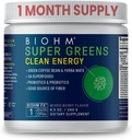 BIOHM Super Greens Clean Energy, Green Superfood Powder (8,5 Oz, 30 Servings) toetab soolestiku tervist ja tunnetust, 34 looduslikku puuvilja, köögivilja ja taimset ekstrakti prebiootikumide, probiootikumide ja ensüümidega