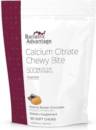 Bariaatriline eelis Kaltsiumtsitraat Chewy Bites 500 mg - väga imenduv & seeditav - D3-vitamiin - kergesti näritav kaltsiumilisand - maapähklivõi šokolaad - 90 loend