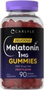Carlyle Melatoniin 1mg Gummies | 90 Count | Fruit Flavor Gummy Supplement | Vegan, Non-GMO, Gluteenivaba