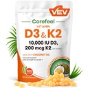 VEV Corefeel Vitamiin D3 K2 10 000 IU, 200 mcg MK-7, 300 kookosõli Softgels, 2 in 1 Vitamiinid Täiendus D & K (kaasa arvatud MK7), Lihtne neelata, toetab kaltsiumi imendumist, luude tervist