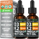 (2 Pack) Orgaaniline Vitamiin D3 K2 tilgad MCT õli Omega 3, 5000 IU - Vedel D3, Ei Täiteaineid, Mitte-GMO, Immune Support (maitsestamata, 2 Fl Oz)